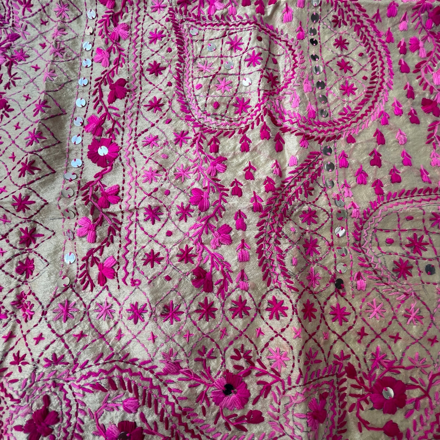 Hand-Embroidered Chanderi Dupatta- Beige With Pink Threadwork