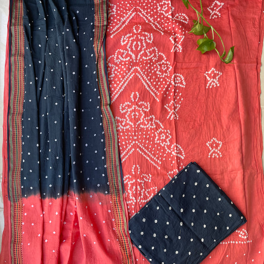 Hand Tied Pure Soft Cotton Bandhani Unstitched Salwar Suit Fabric - Pink and Navy Blue