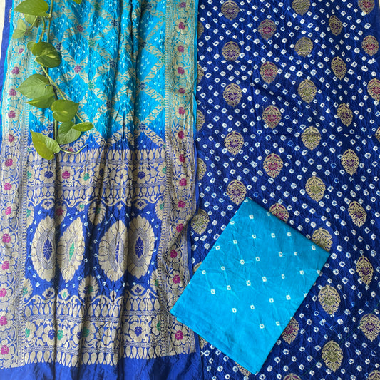 Hand Tied Bandhani Dupion Silk Unstitched Salwar Suit Fabric - Dark Blue and Light Blue
