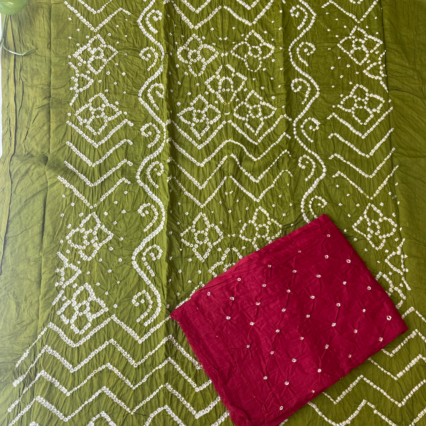 Hand Tied Bandhani Pure soft Cotton Unstitched Salwar Suit Fabric - Olive Green and Red