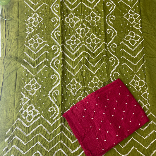 Hand Tied Bandhani Pure soft Cotton Unstitched Salwar Suit Fabric - Olive Green and Red