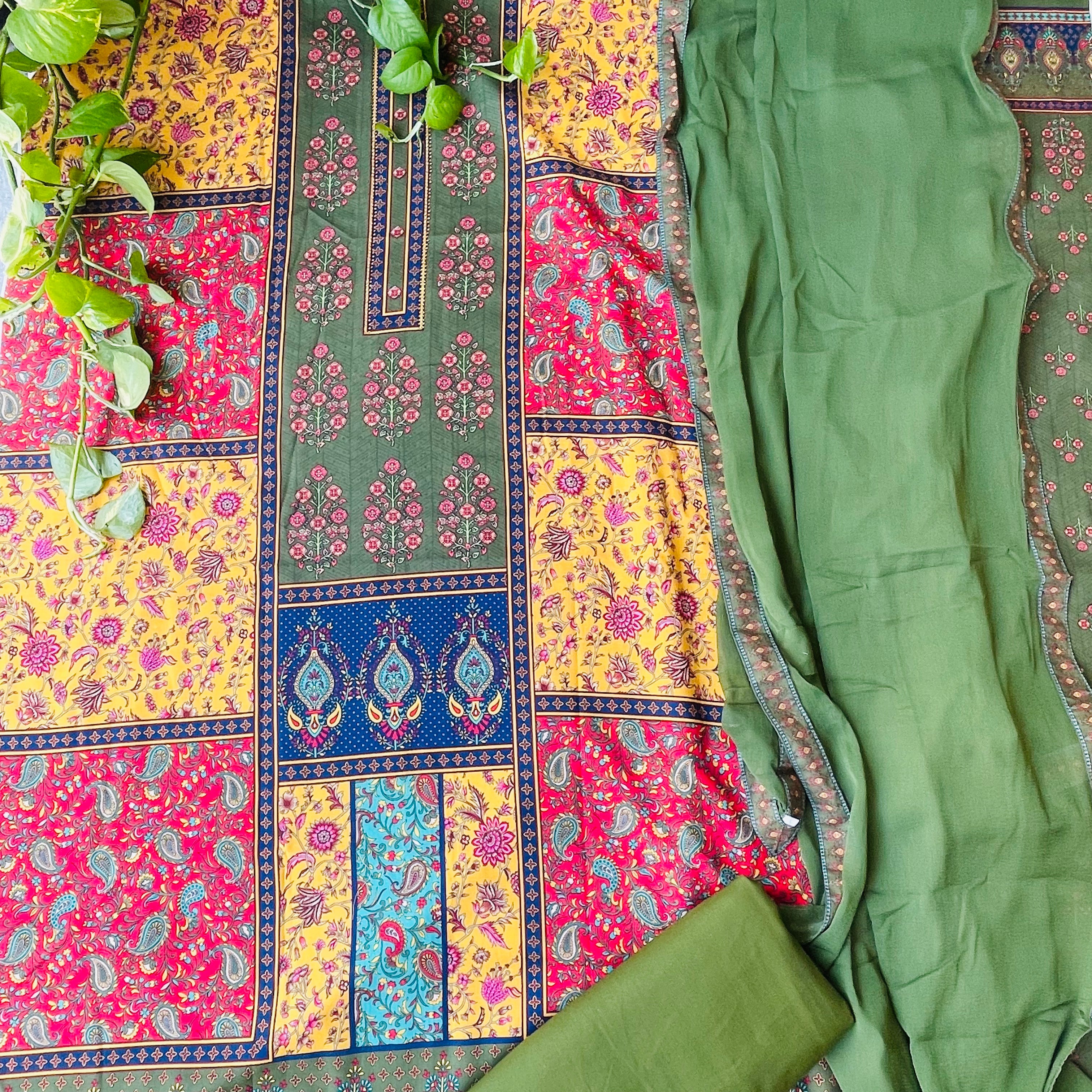 Pure Soft Cotton Unstitched Sindh Style Punjabi Suit Material - Green and Black (Various colours available)