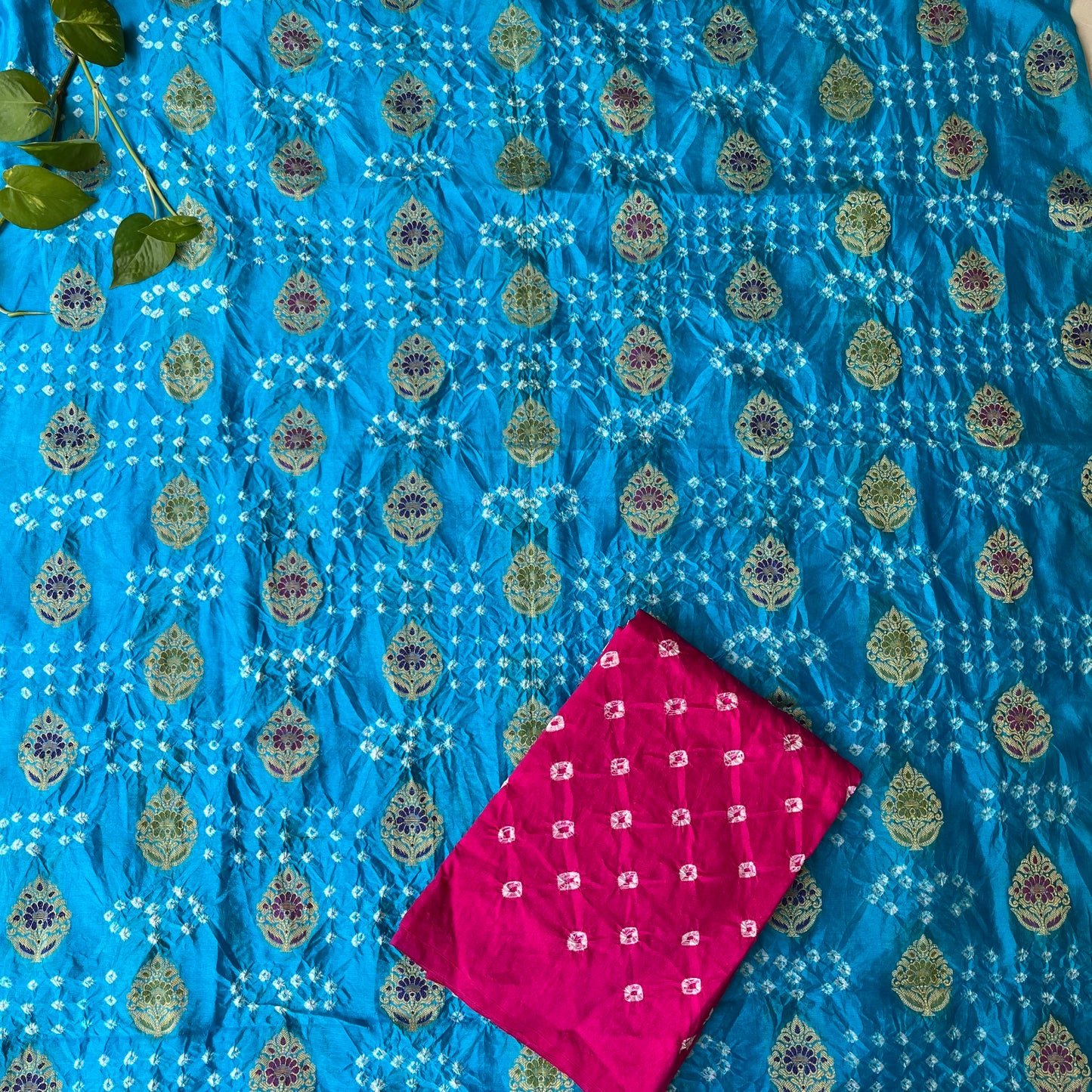 Hand Tied Bandhani Dupion Silk Unstitched Salwar Suit Fabric - Pink and Blue