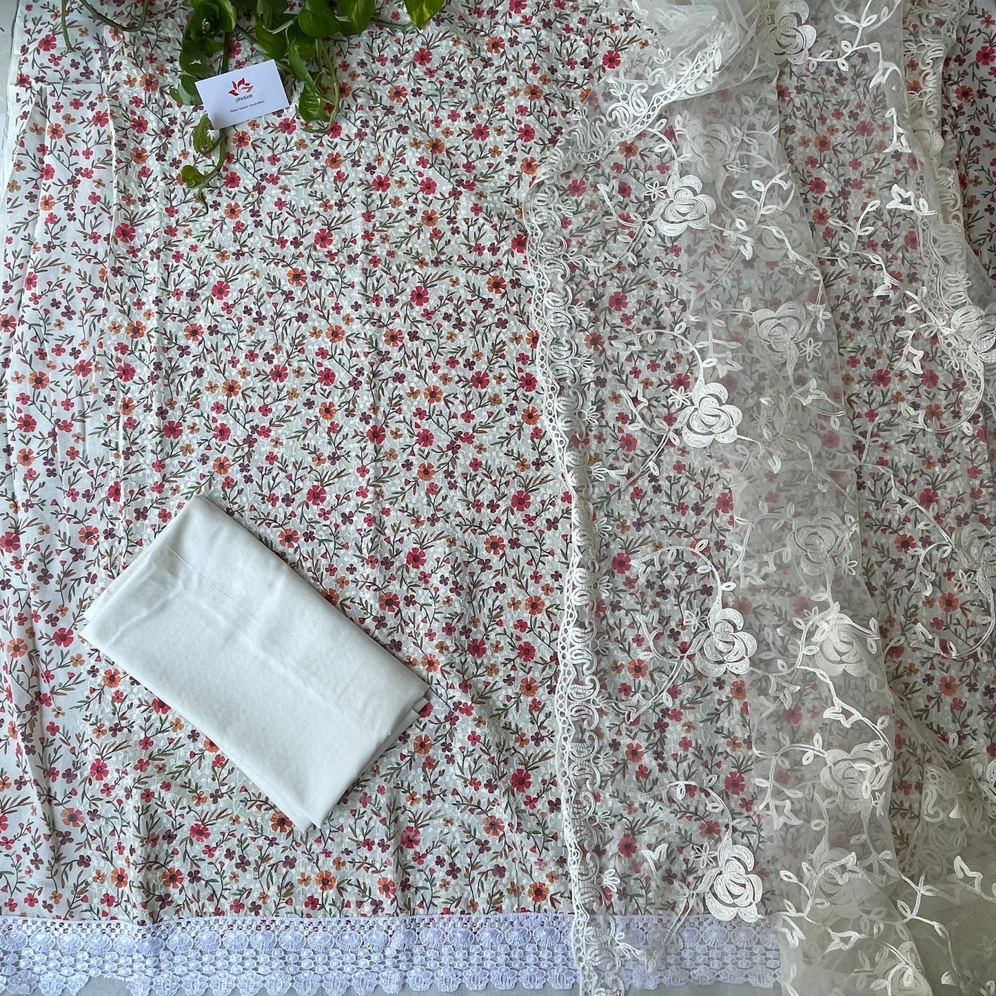 Pure Soft Cotton Unstitched Suit Material - White with Designer Net Dupatta