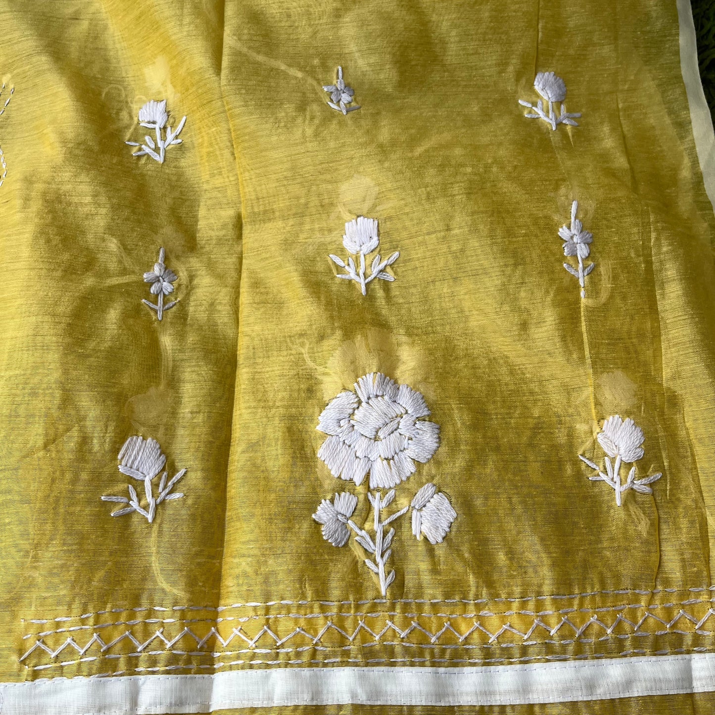 Hand Embroidered Unstitched Suit Material - Yellow And White
