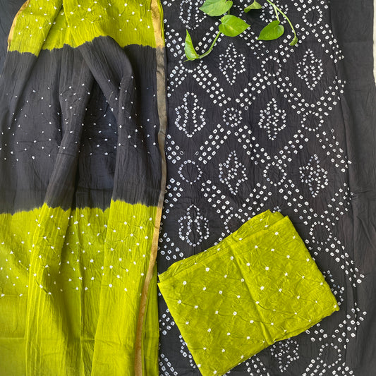 Hand Tied Bandhani Soft Cotton Unstitched Salwar Suit Fabric - Black and Olive Green