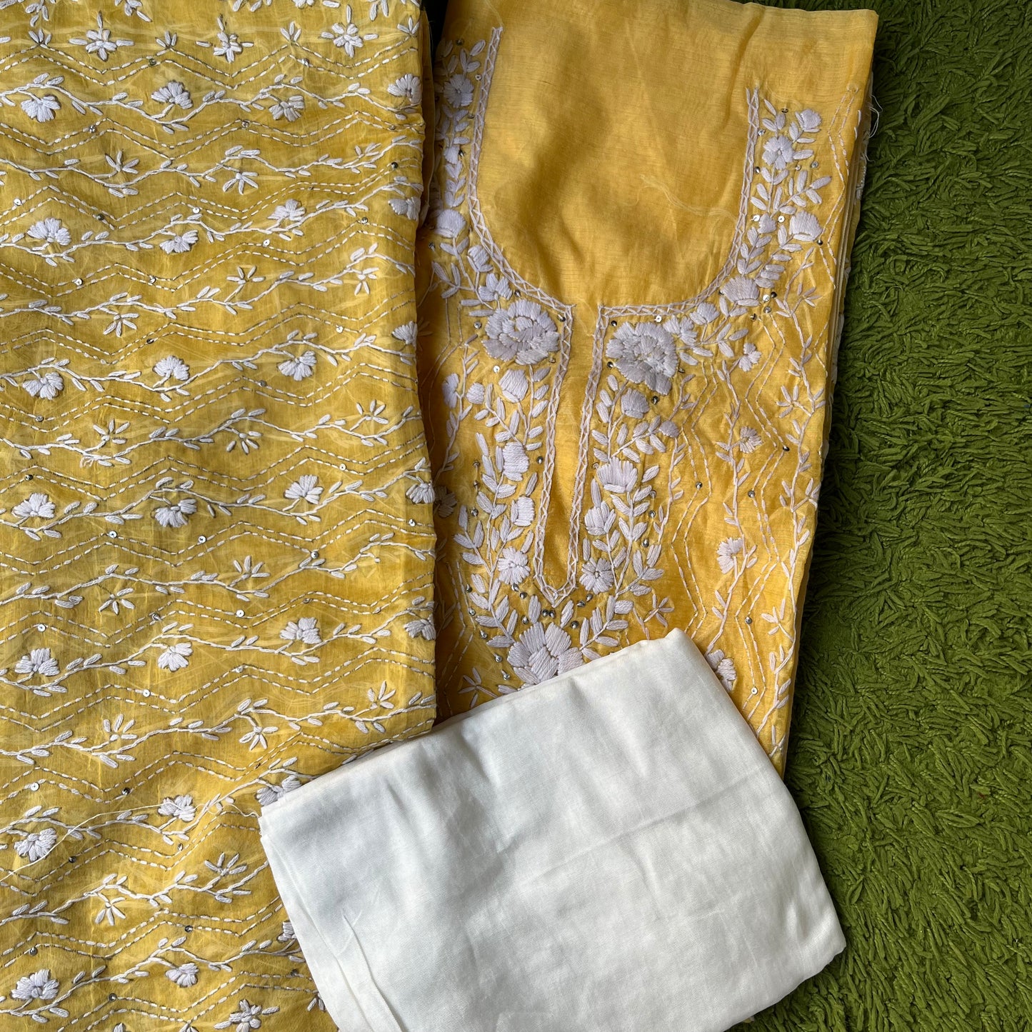 Hand Embroidered Unstitched Suit Material - Yellow And White