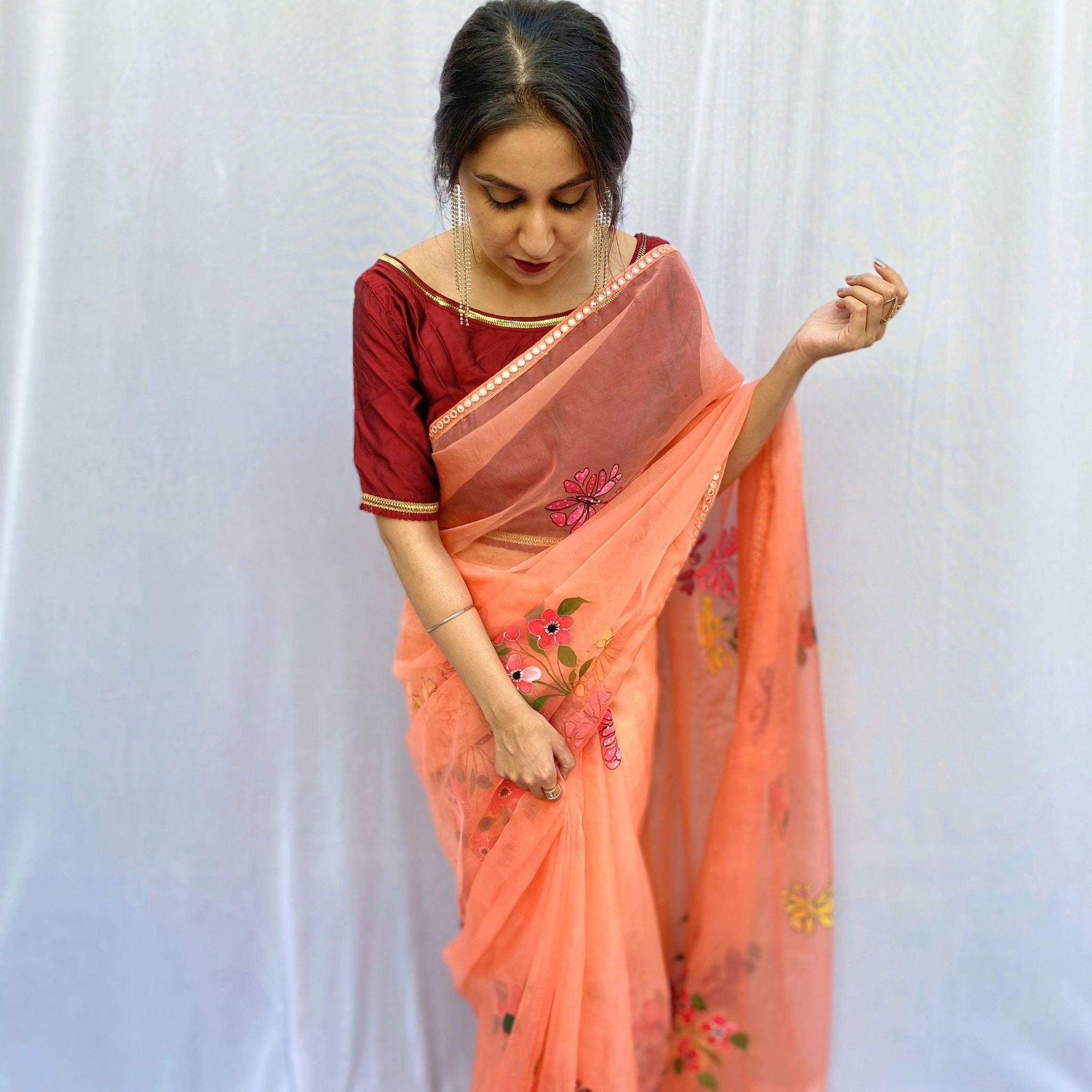 Organza Hand-Painted Saree with Flowers & Butterflies - Peach