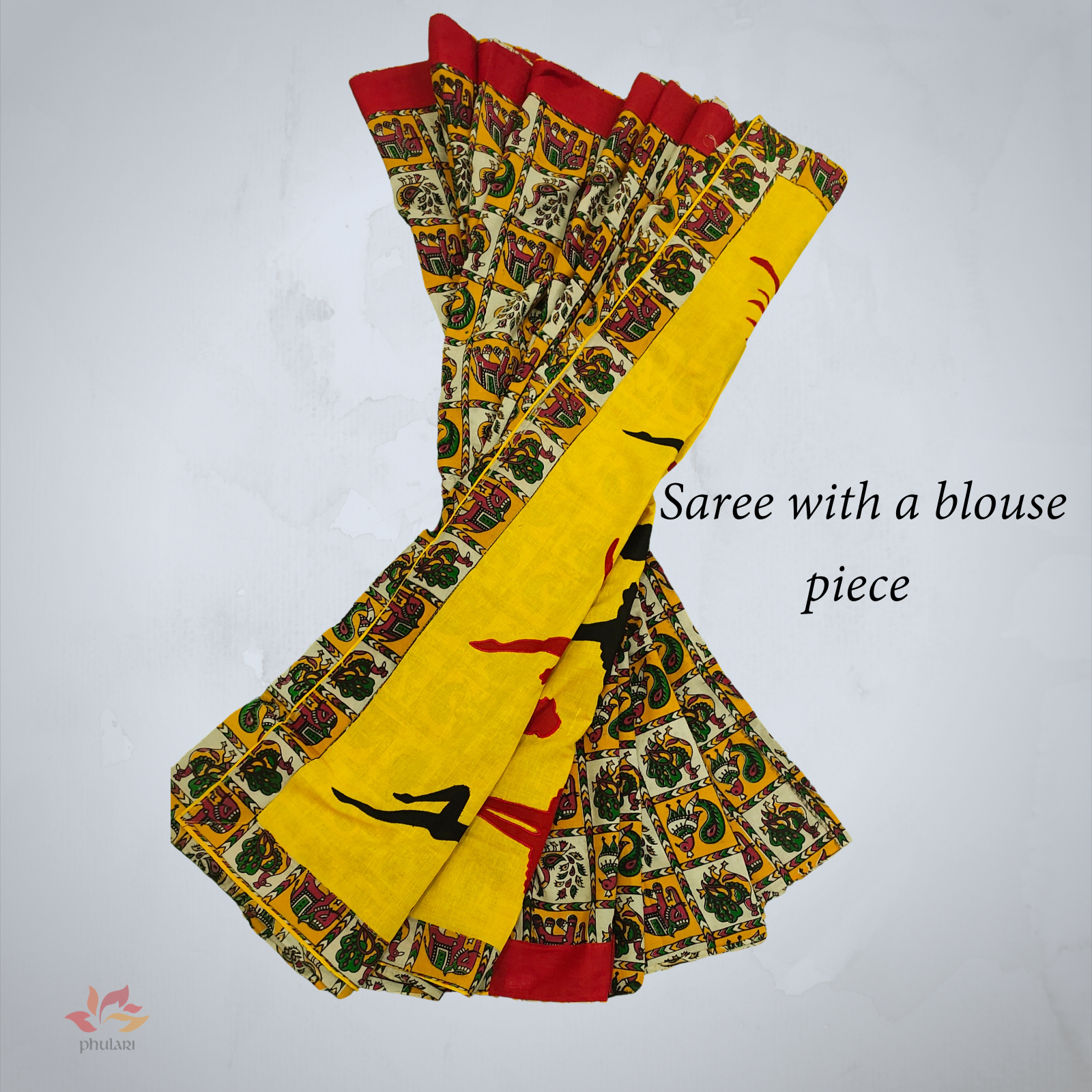 handloom cotton Saree in yellow color with Kalamkari Dancing Dolls print , with a matching blouse piece