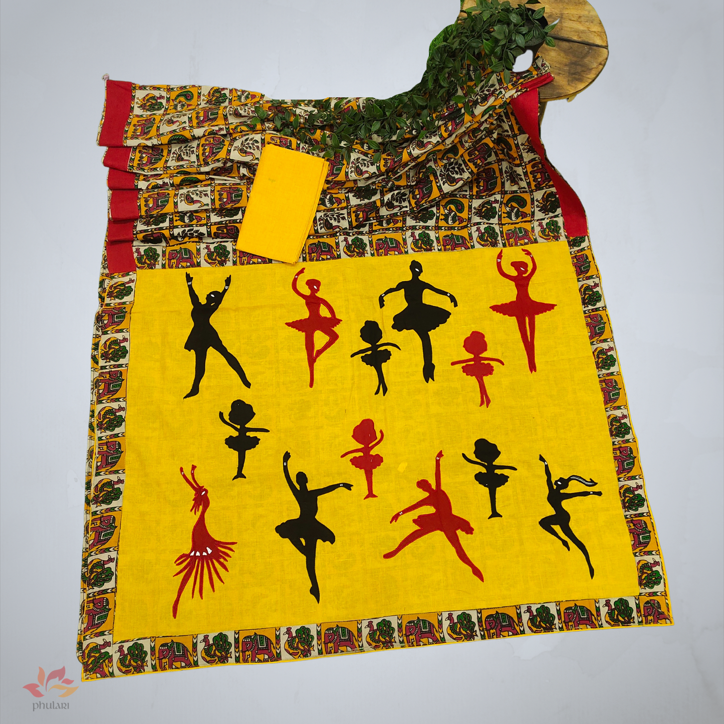 Kalamkari design Handloom cotton saree in yellow color , dancing dolls design on pallu