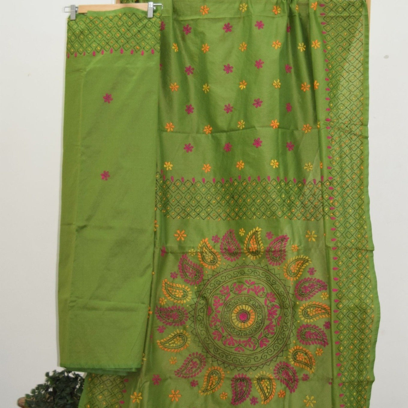 Assam Silk (cotton silk) Kantha Work Saree - Mehendi Green