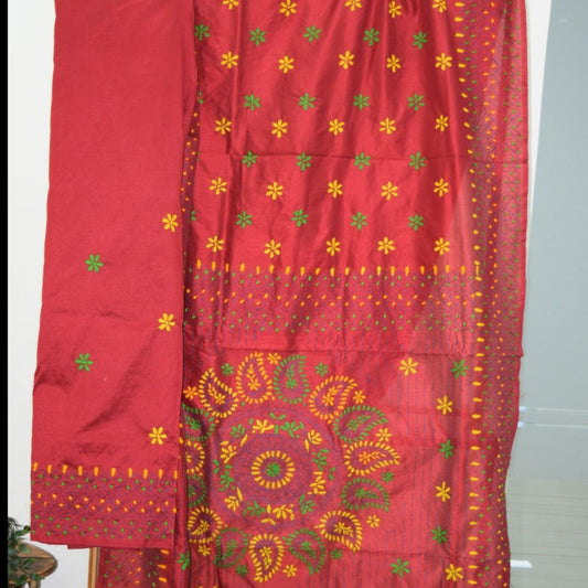 Assam Silk (cotton silk) Kantha Work Saree - Maroon