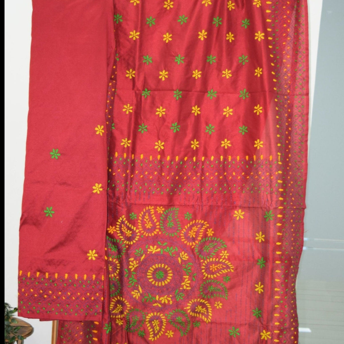 Assam Silk (cotton silk) Kantha Work Saree - Maroon – Phulari