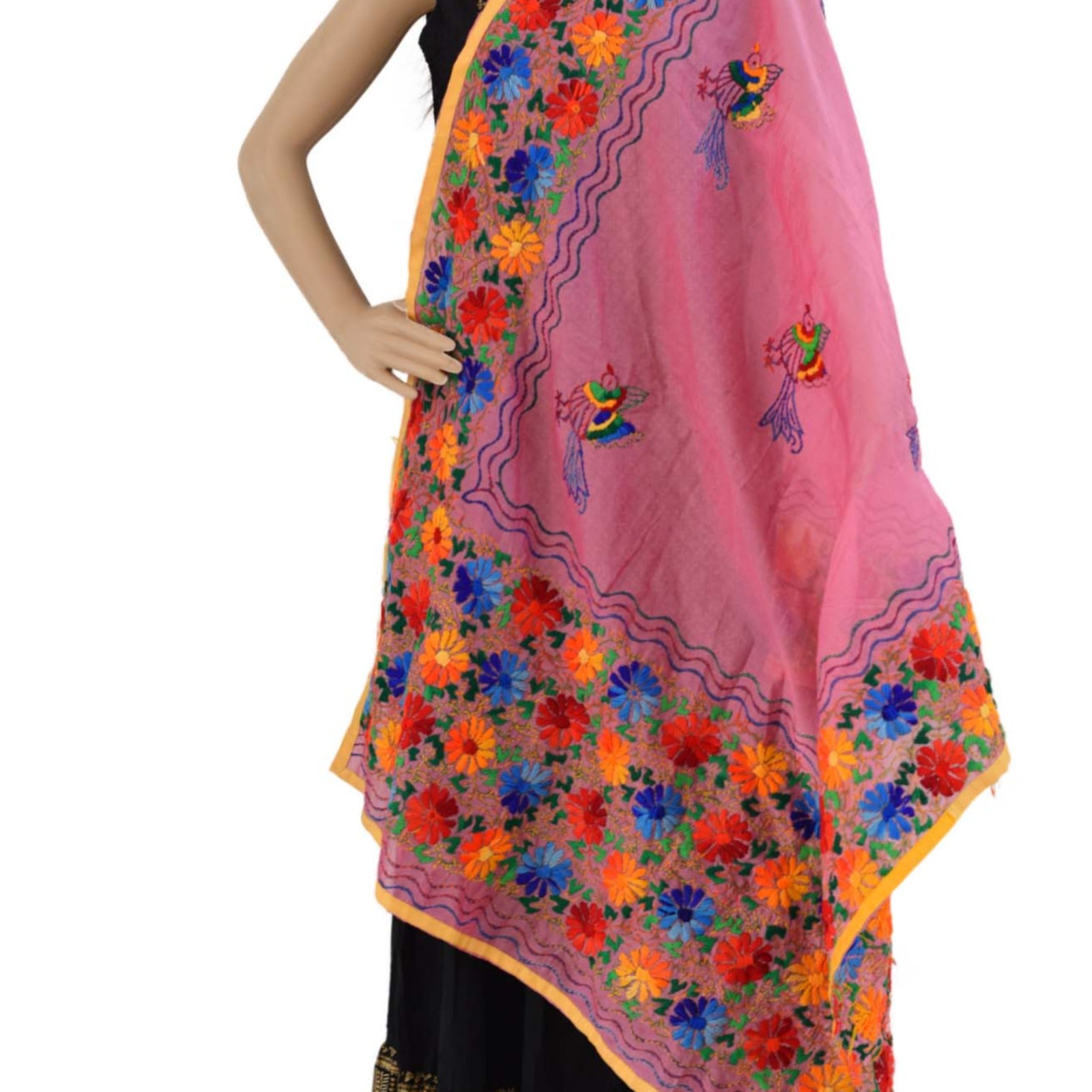 Chanderi Hand Embroidered Dupatta - Sparrow (PE07) - Pink - Phulari 