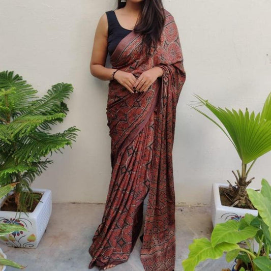 Modal Silk Ajrakh Saree - Brown 01