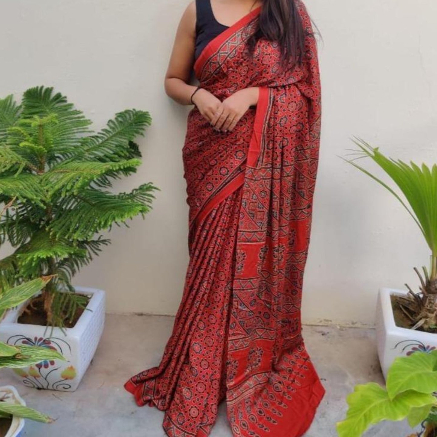 Modal Silk Ajrakh Saree - Brick Red