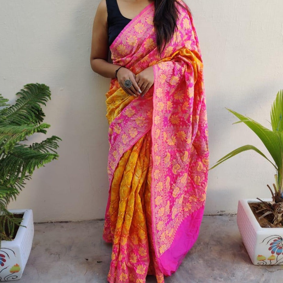 Banarasi-Bandhani saree pink and yellow