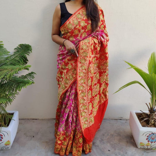 Banarasi-Bandhani saree red and purple