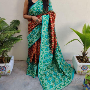 Banarasi-Bandhani saree sea blue and red