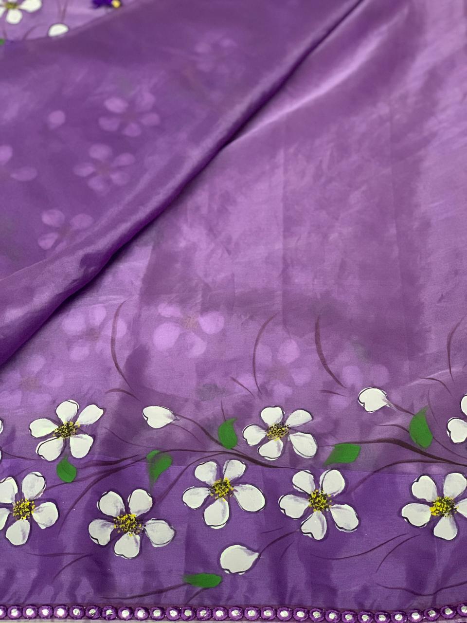 Organza Hand-Painted Saree with Birds & Flowers - Purple