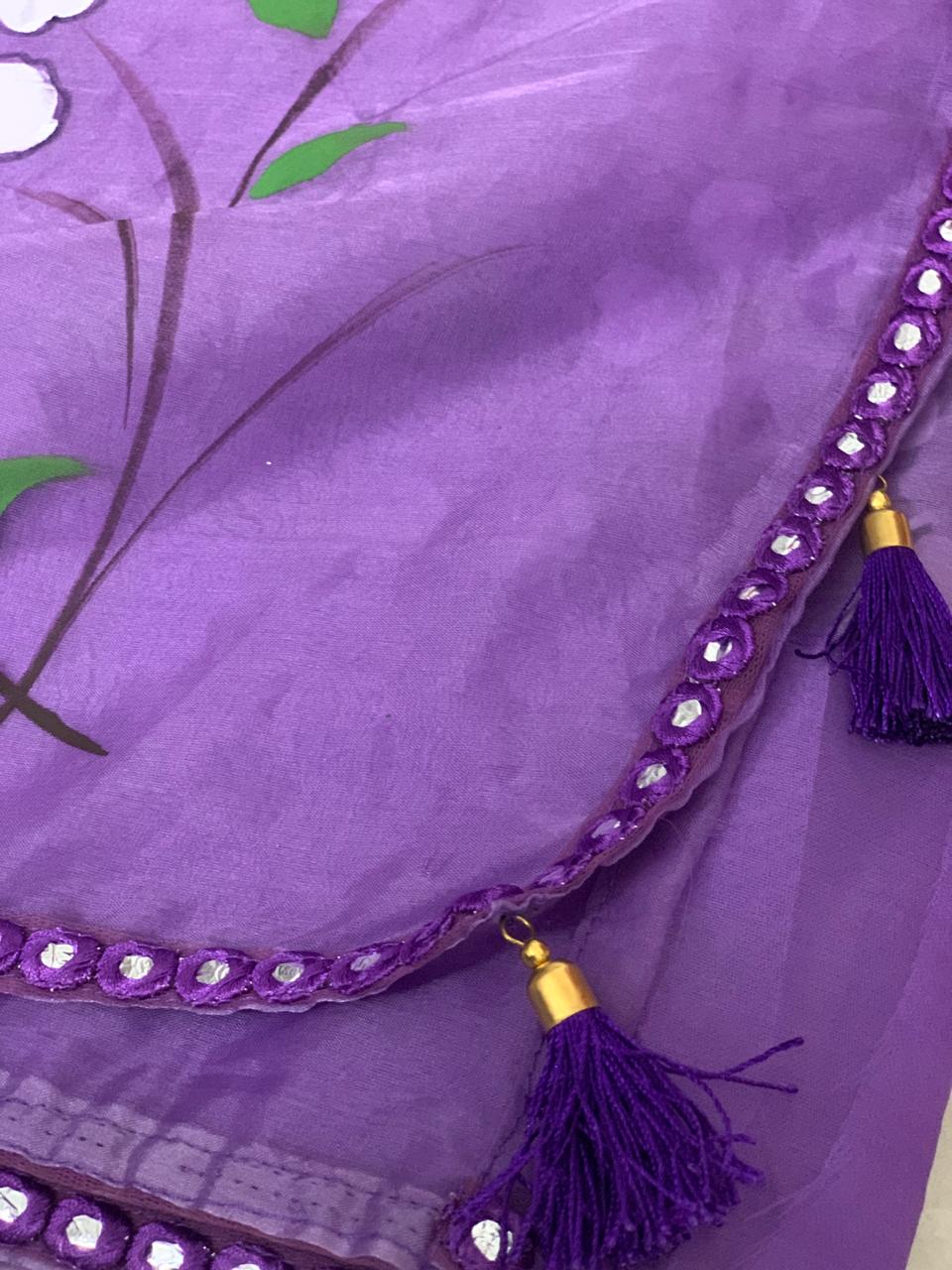 Organza Hand-Painted Saree with Birds & Flowers - Purple