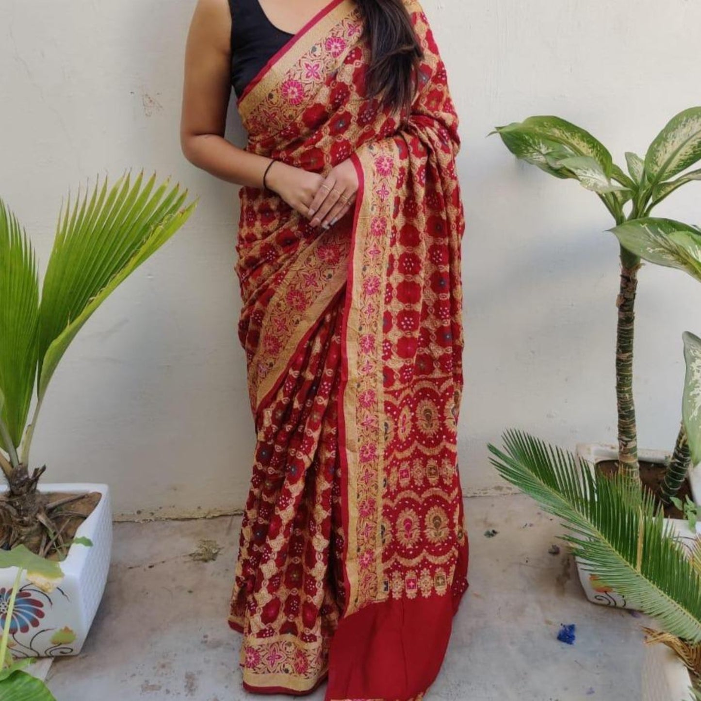 Banarasi-Bandhani saree dark red