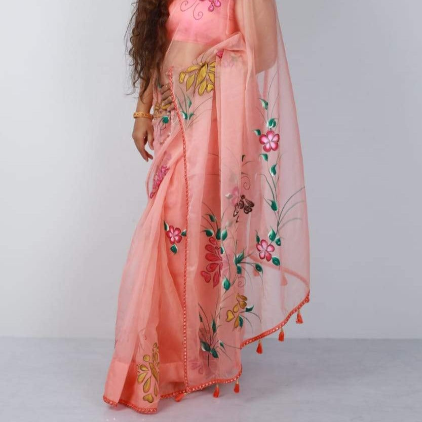 Organza Hand-Painted Saree with Flowers & Butterflies - Peach