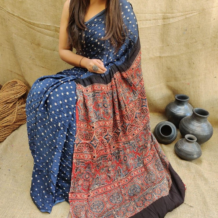 Modal Silk Bandhani Saree with Ajrakh Pallu - Grey