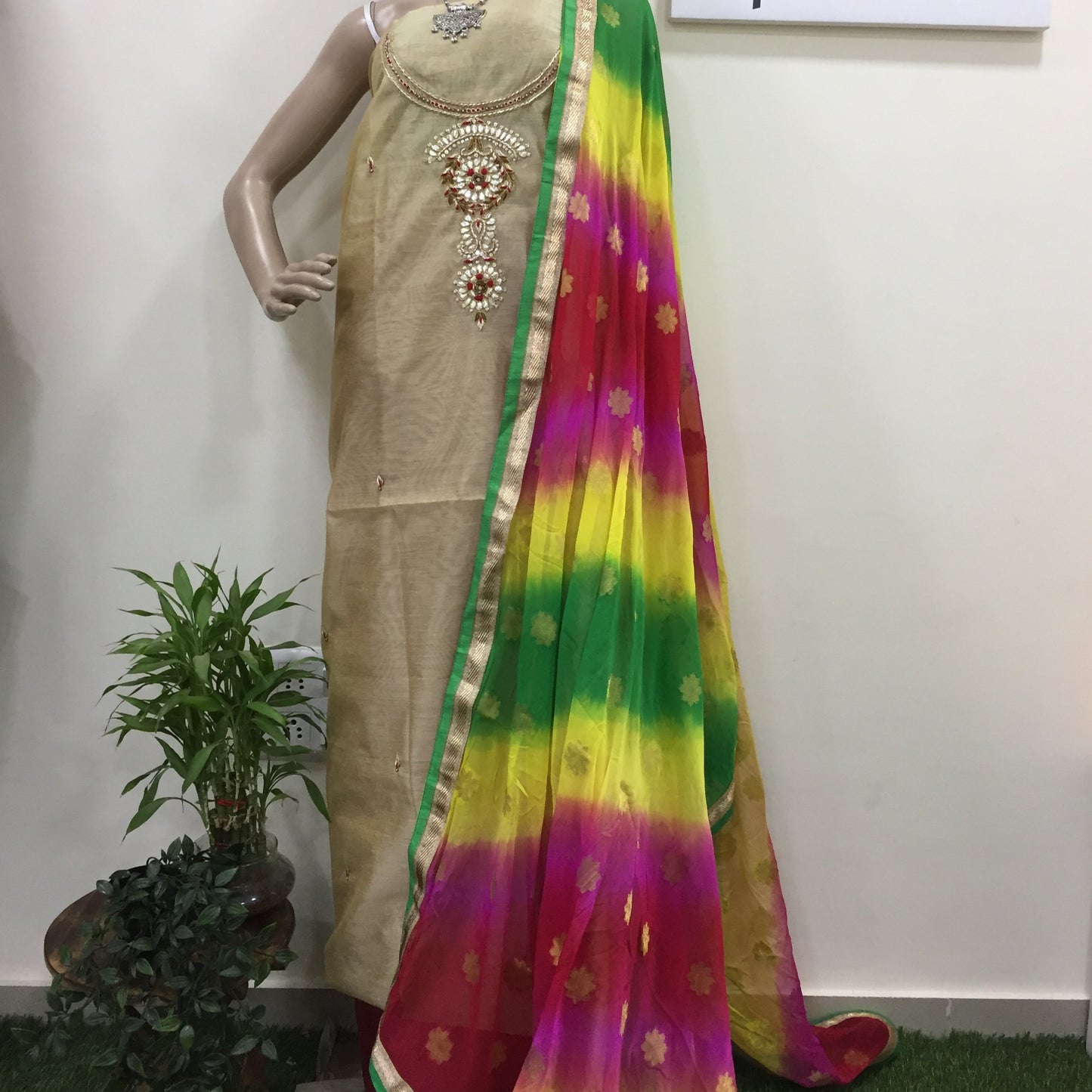 Chanderi Salwar suit fabric with Zardozi work and Multicolour Dupatta