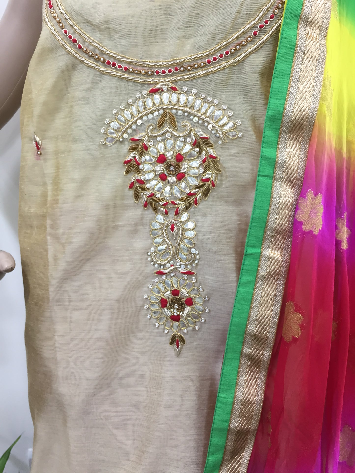 Chanderi Salwar suit fabric with Zardozi work and Multicolour Dupatta