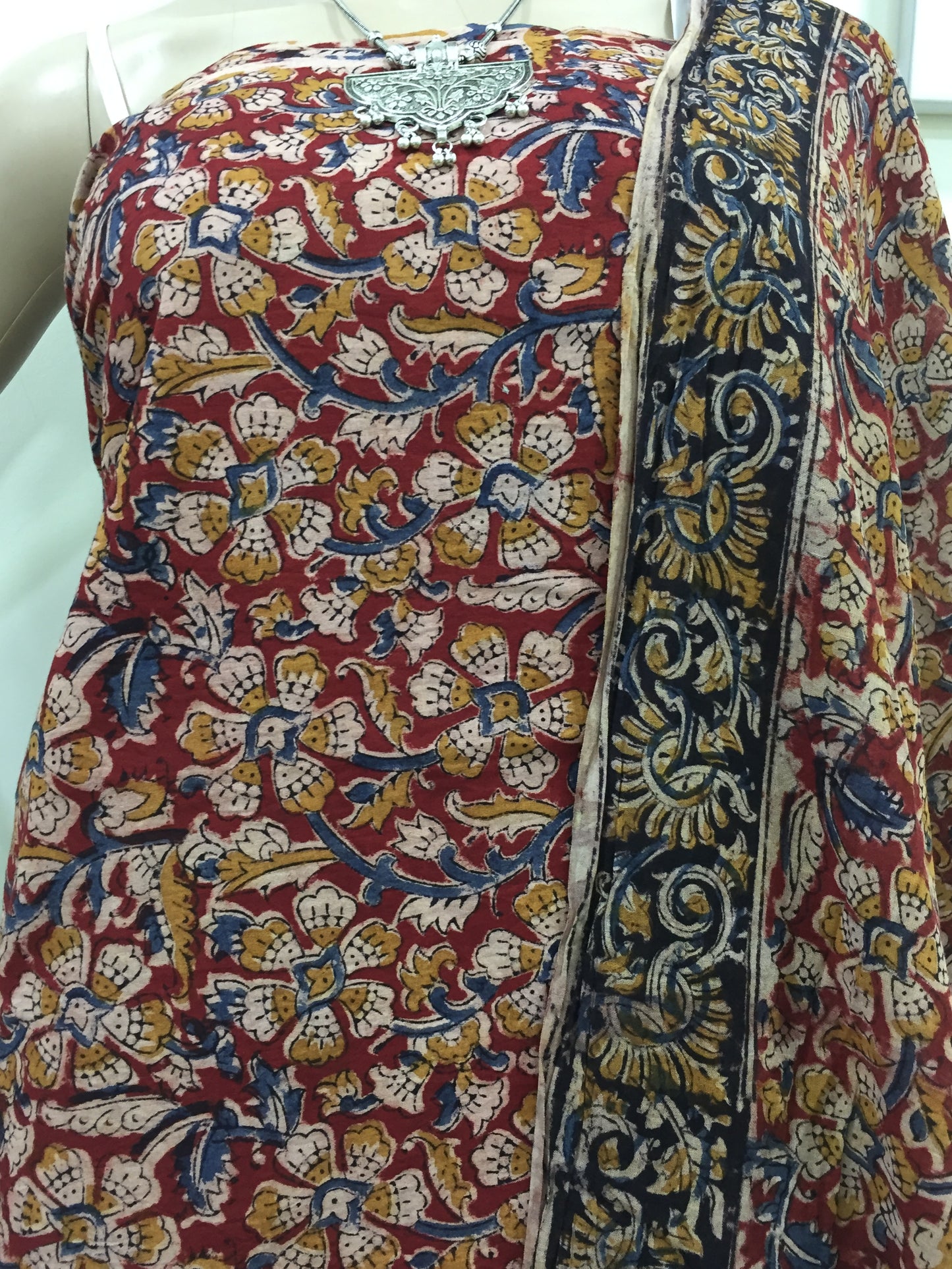 Cotton hand block Kalamkari kurta fabric and dupatta - Phulari