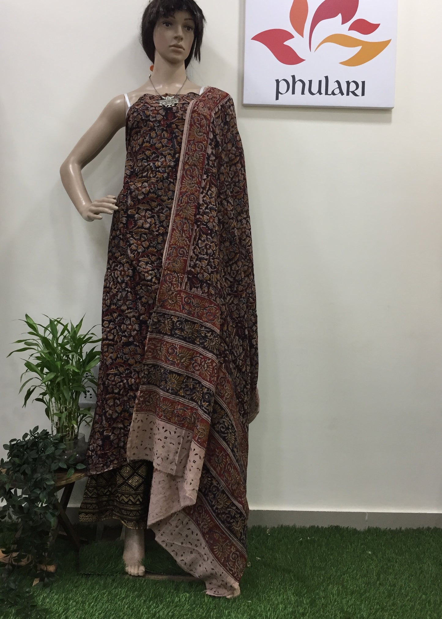 Cotton hand block Kalamkari kurta fabric and dupatta - Phulari