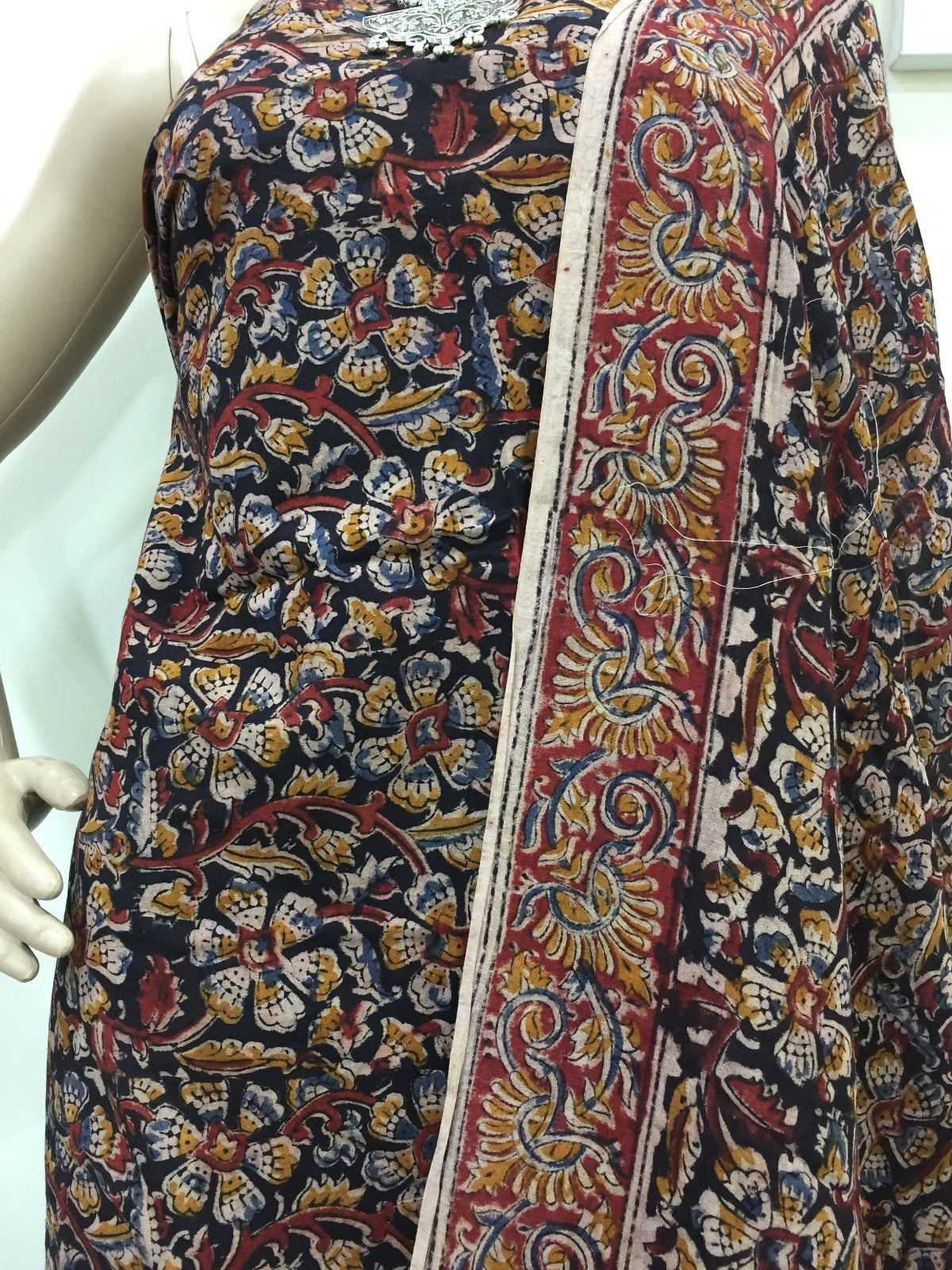 Cotton hand block Kalamkari kurta fabric and dupatta - Phulari