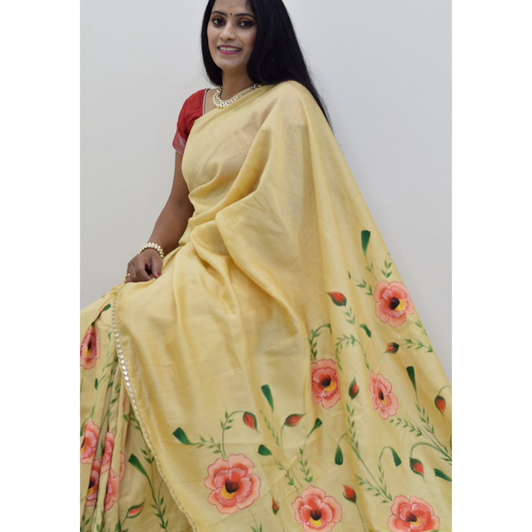 Chanderi Hand-Painted Saree with Flowers - Beige Gold