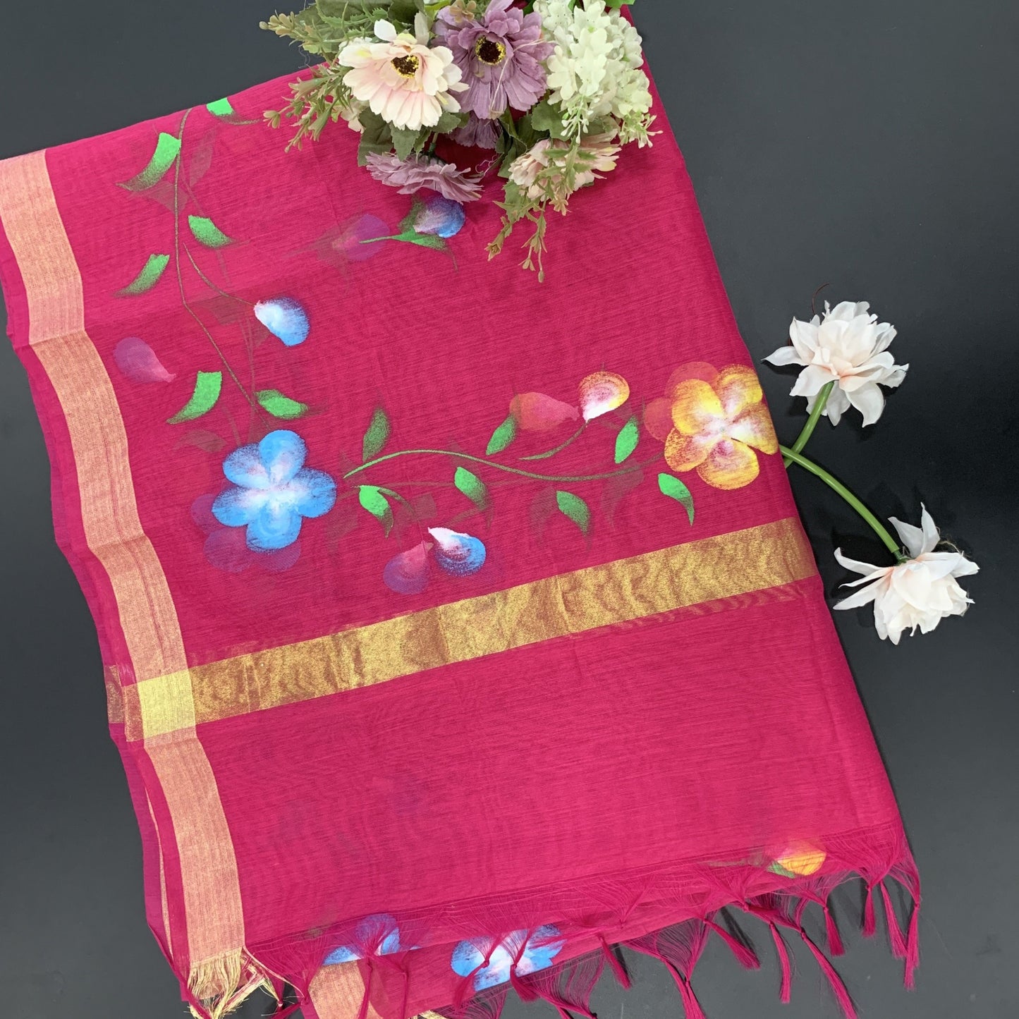 Cotton Silk Hand-painted Dupatta - Floral Border