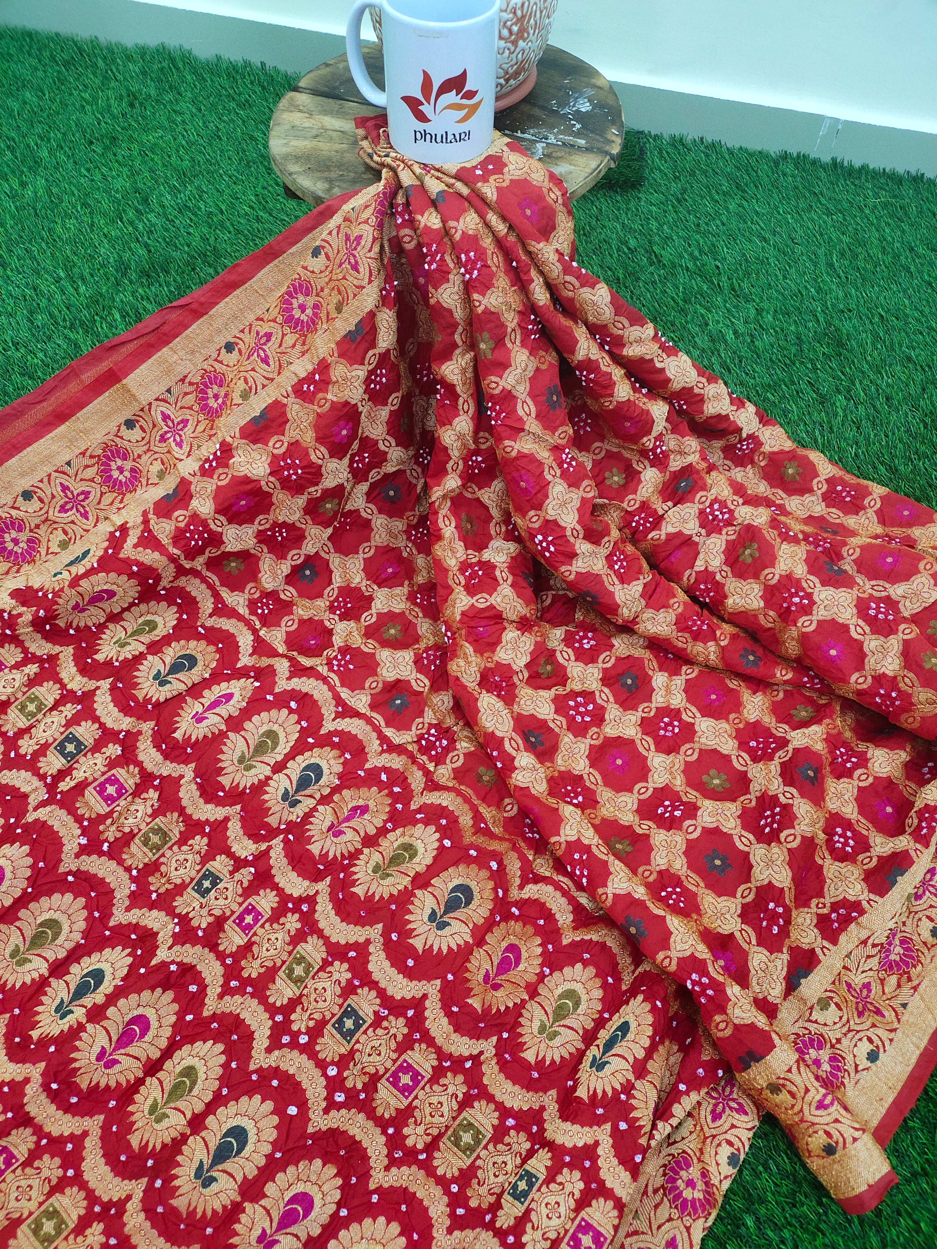 Dupion Silk Banarasi Weave with Bandhani Saree - Dark Red – Phulari
