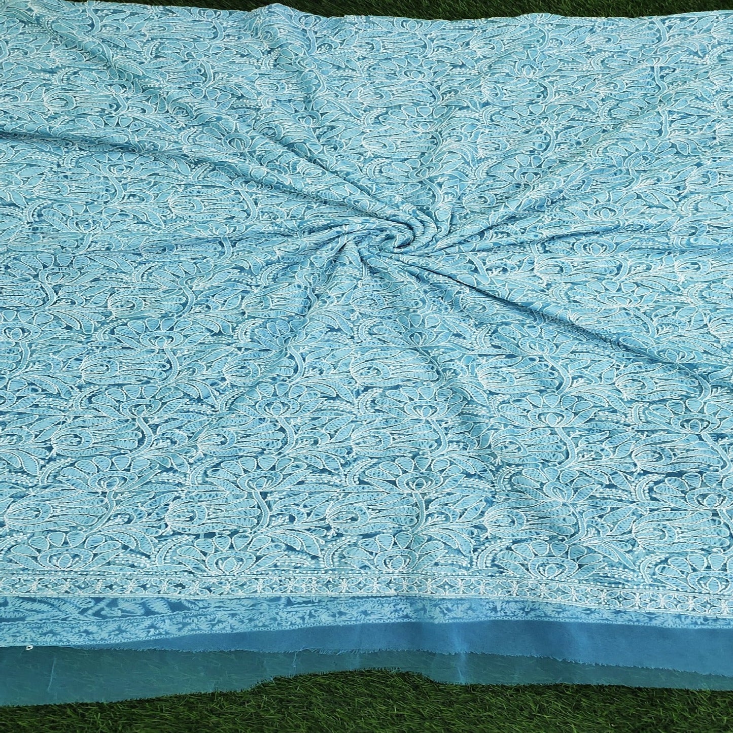 Georgette Chikankari Dupatta - Aqua Blue