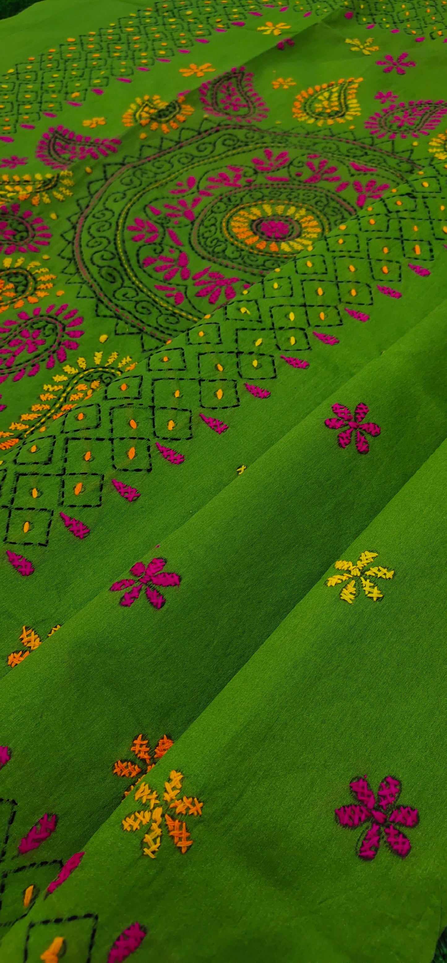 Assam Silk (cotton silk) Kantha Work Saree - Mehendi Green