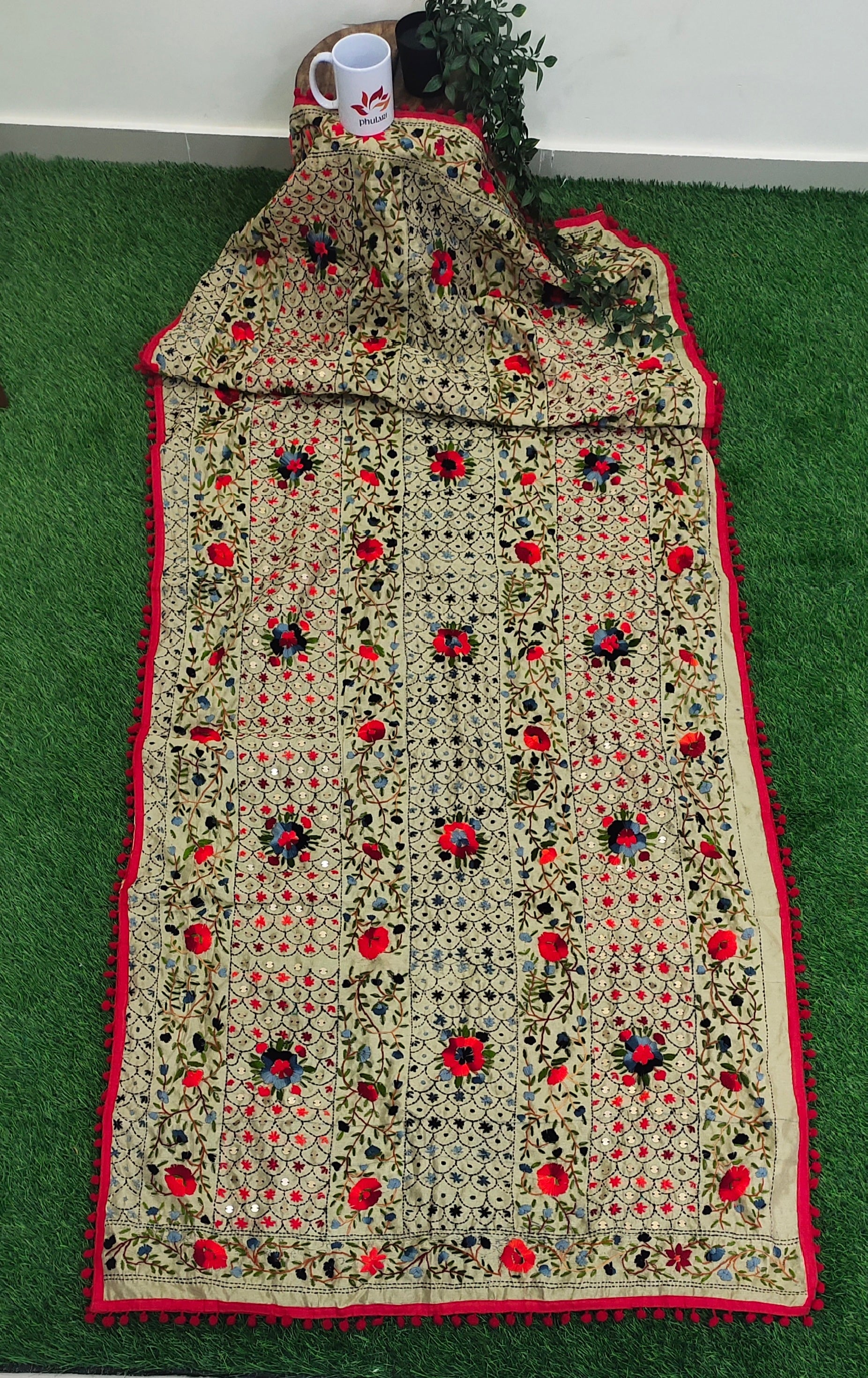 Hand Embroidered Phulkari Chanderi Dupatta with Pom Pom Border