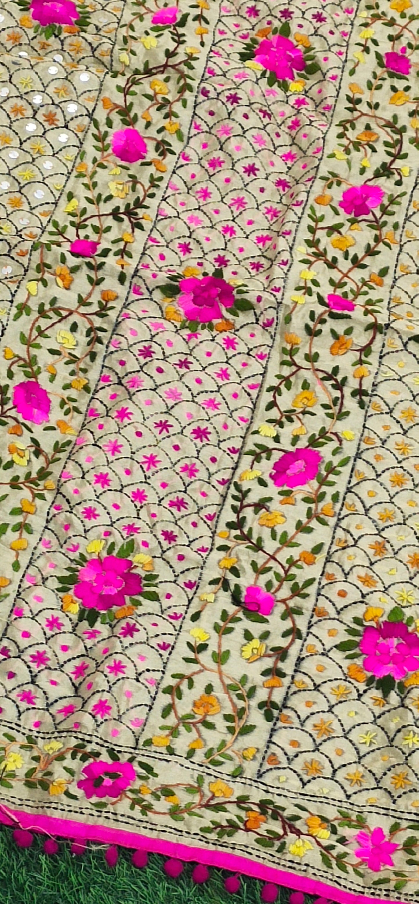 Hand Embroidered Phulkari Chanderi Dupatta with Pom Pom Border - Design 3 (Flower strip)