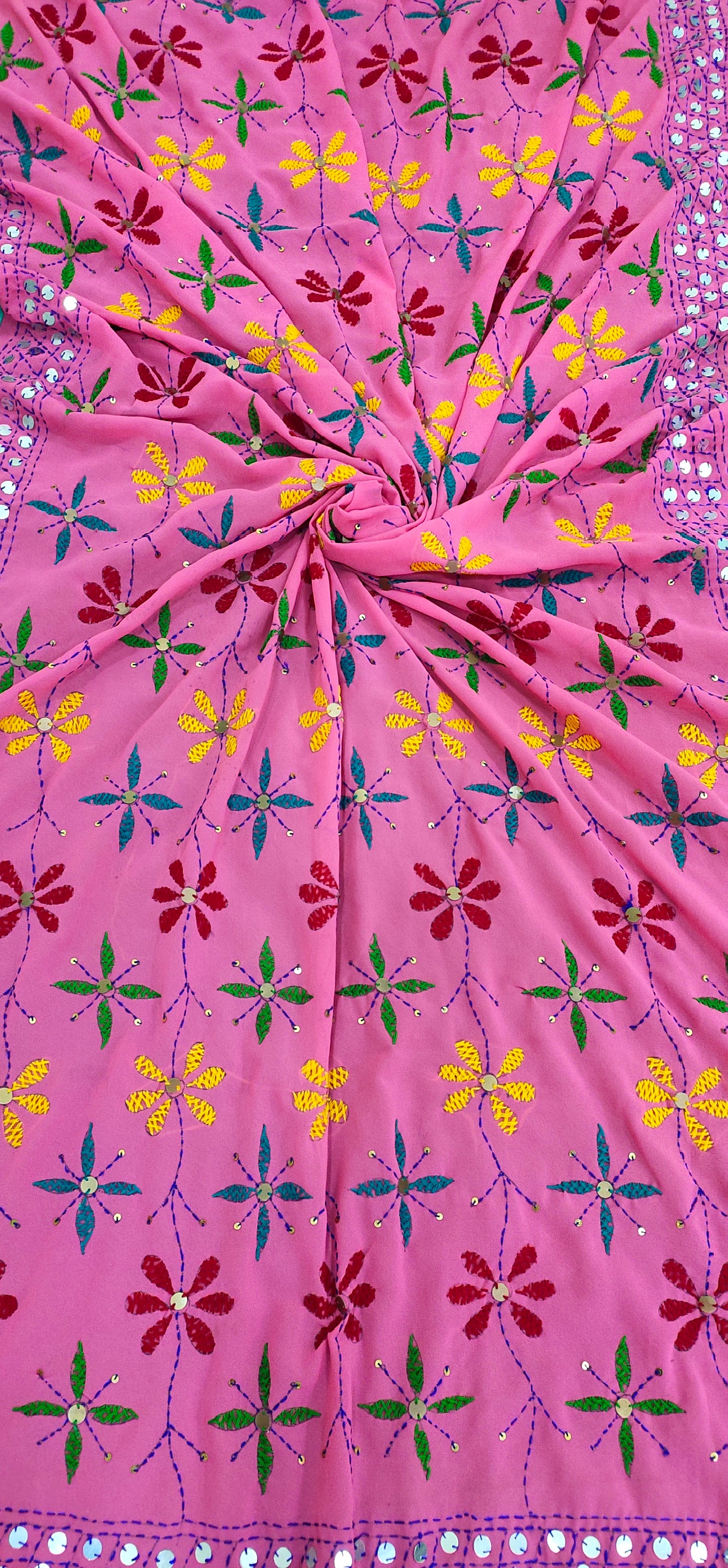 Parsi Work Hand Embroidered Georgette Dupatta - Pink