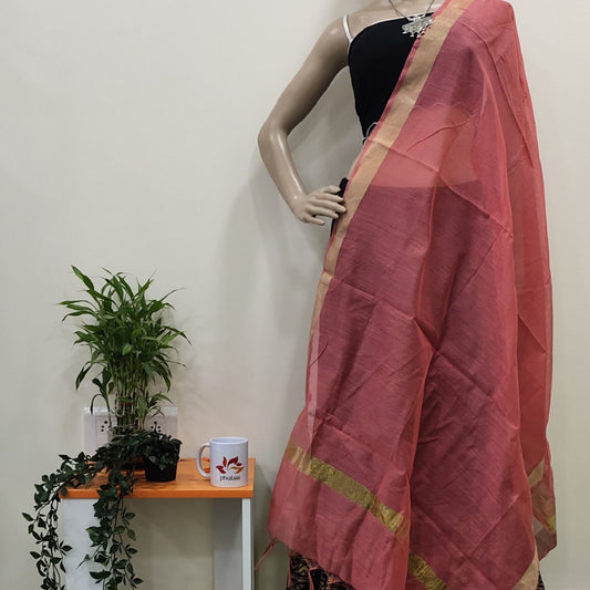Cotton Silk Dupatta With Zari Border - Pinkish Peach