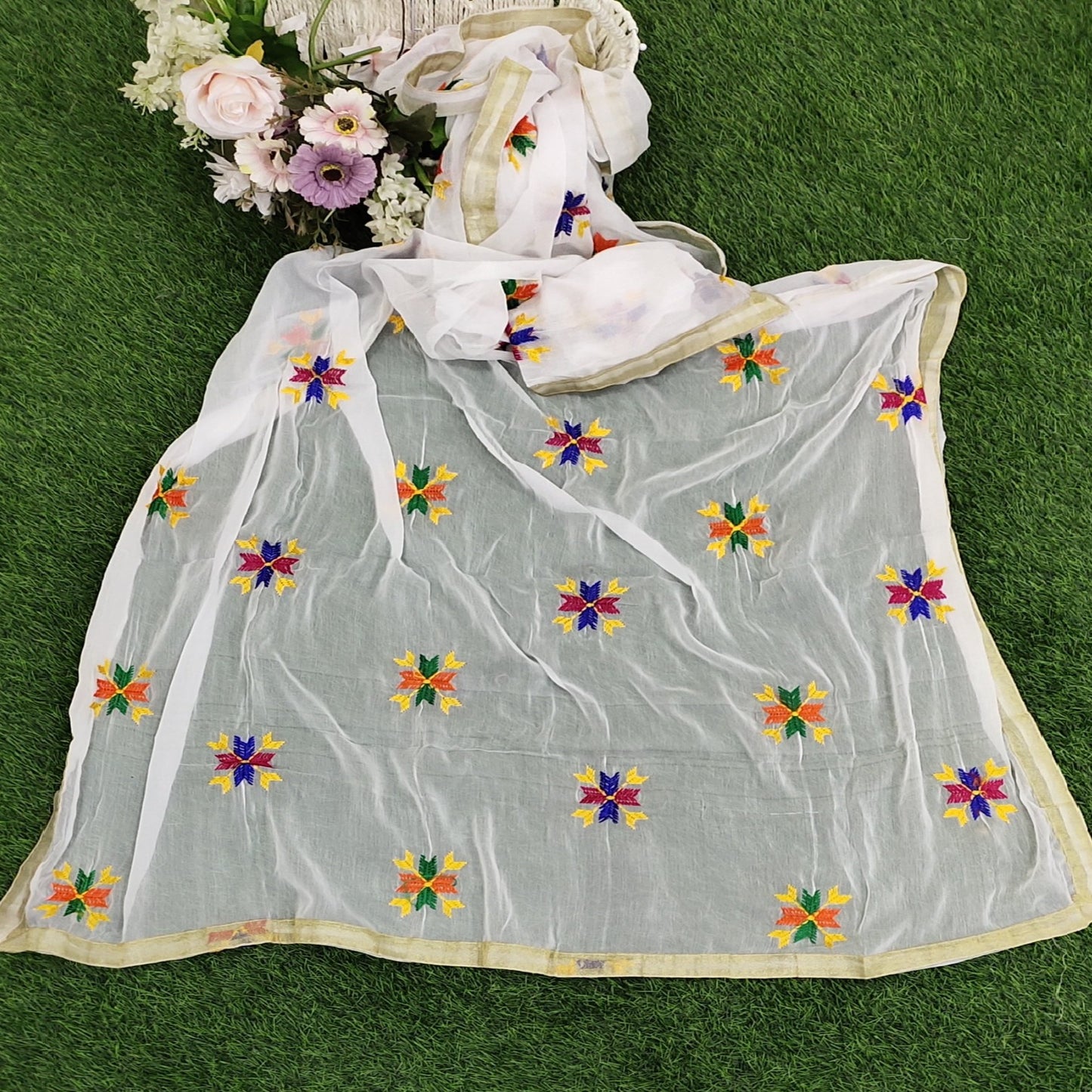 Traditional Simple Floral Butti Phulkari Dupatta - Various Colours