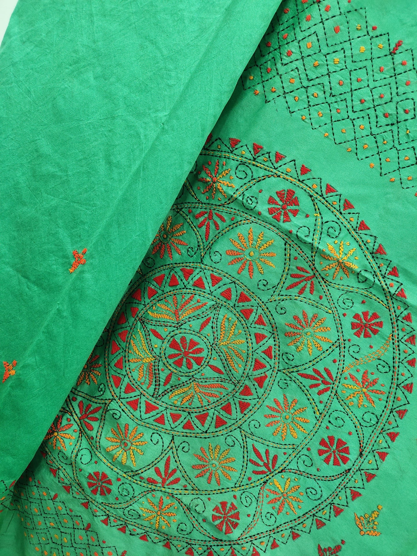 Assam Silk ((cotton silk) Kantha Work Saree - Teal Green
