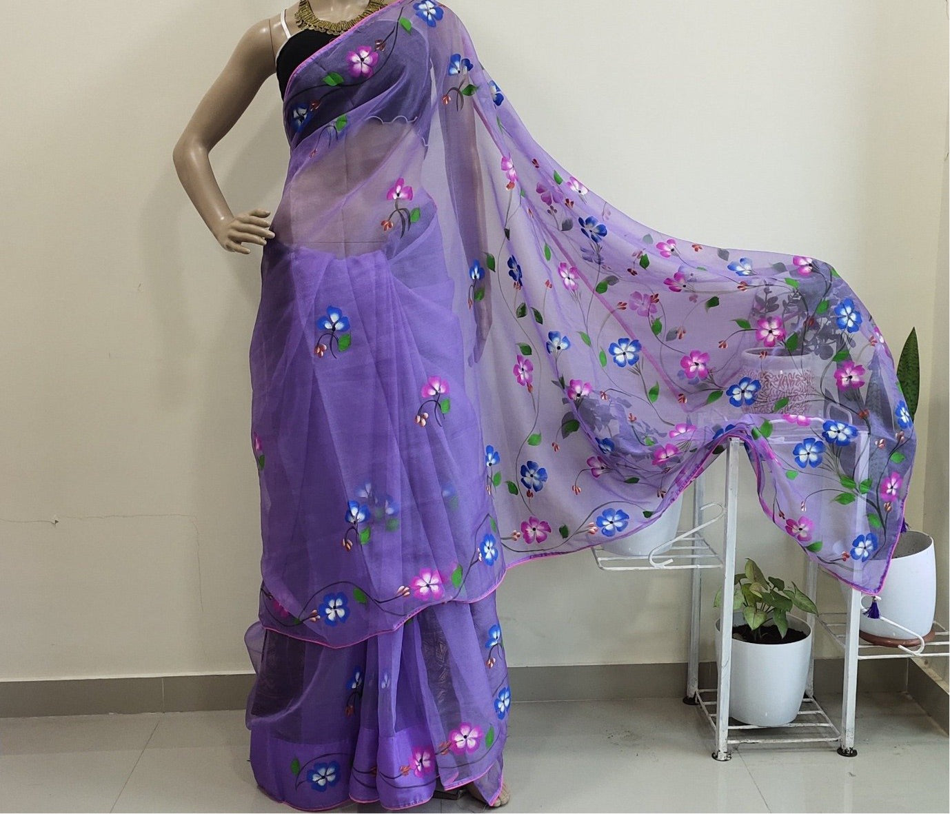 Organza Hand-Painted Saree with Birds & Flowers - Purple