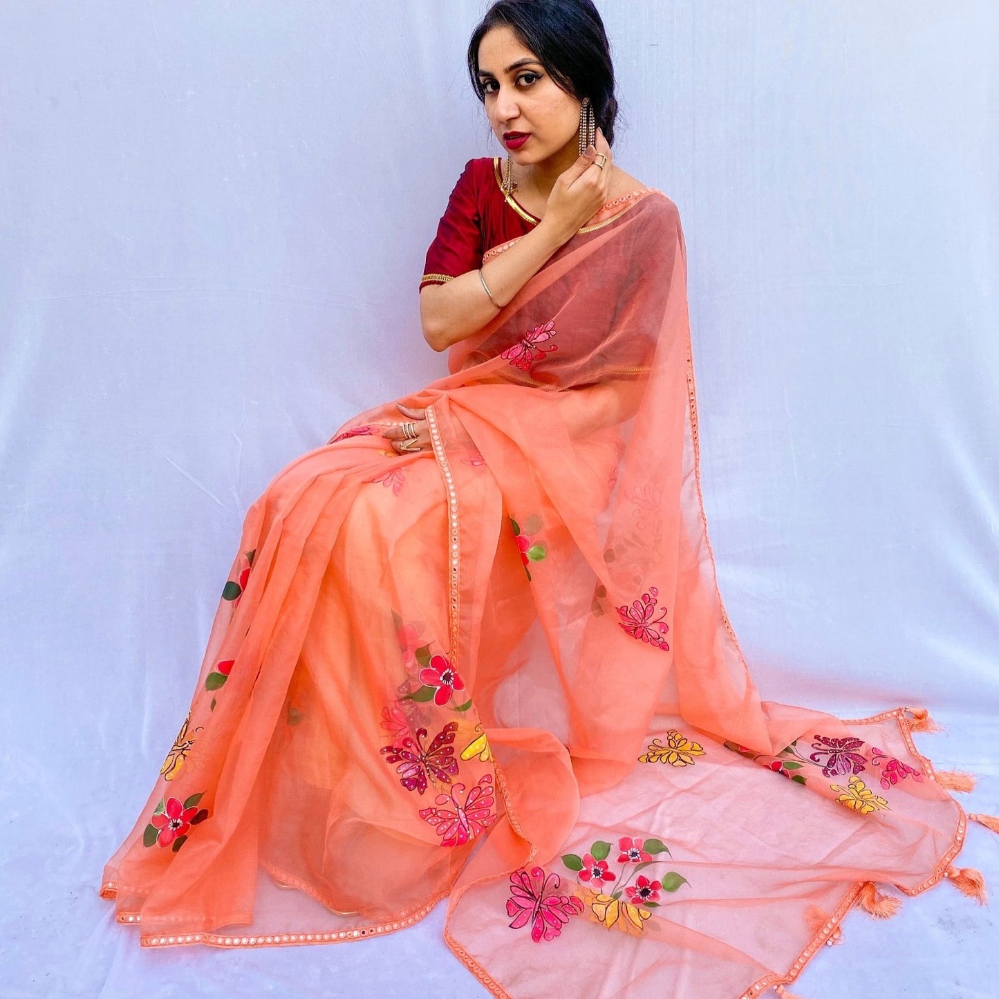 Organza Hand-Painted Saree with Flowers & Butterflies - Peach