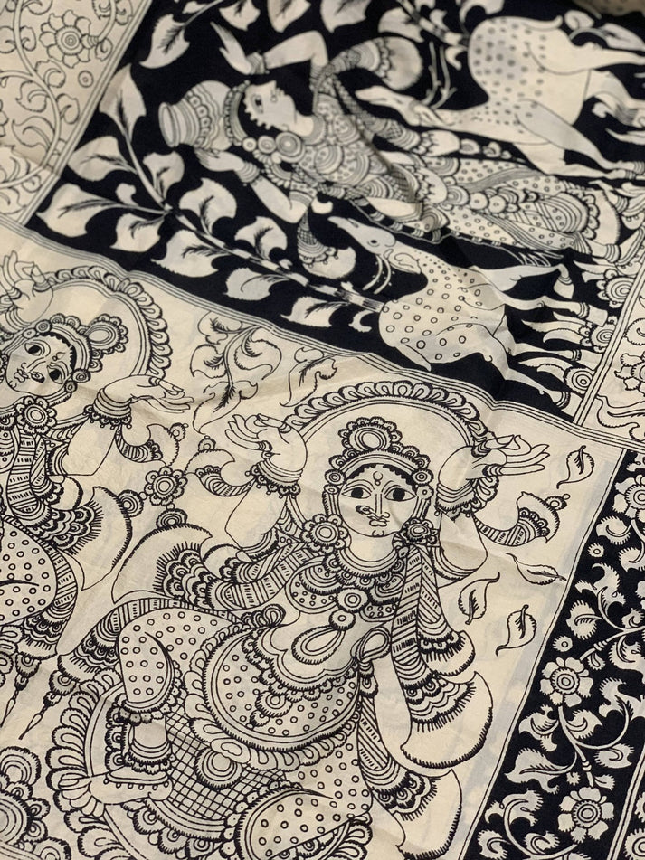Mangalgiri Cotton Pen Kalamkari Dupatta - Black and White – Phulari