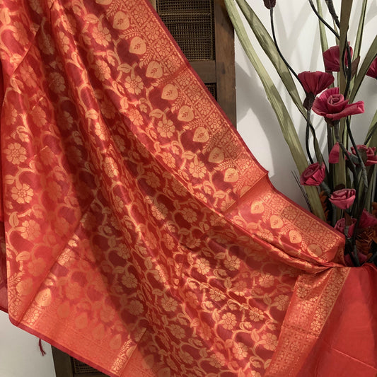 Banarasi Cotton Silk Dupatta With Floral Jaal In Zari - Red