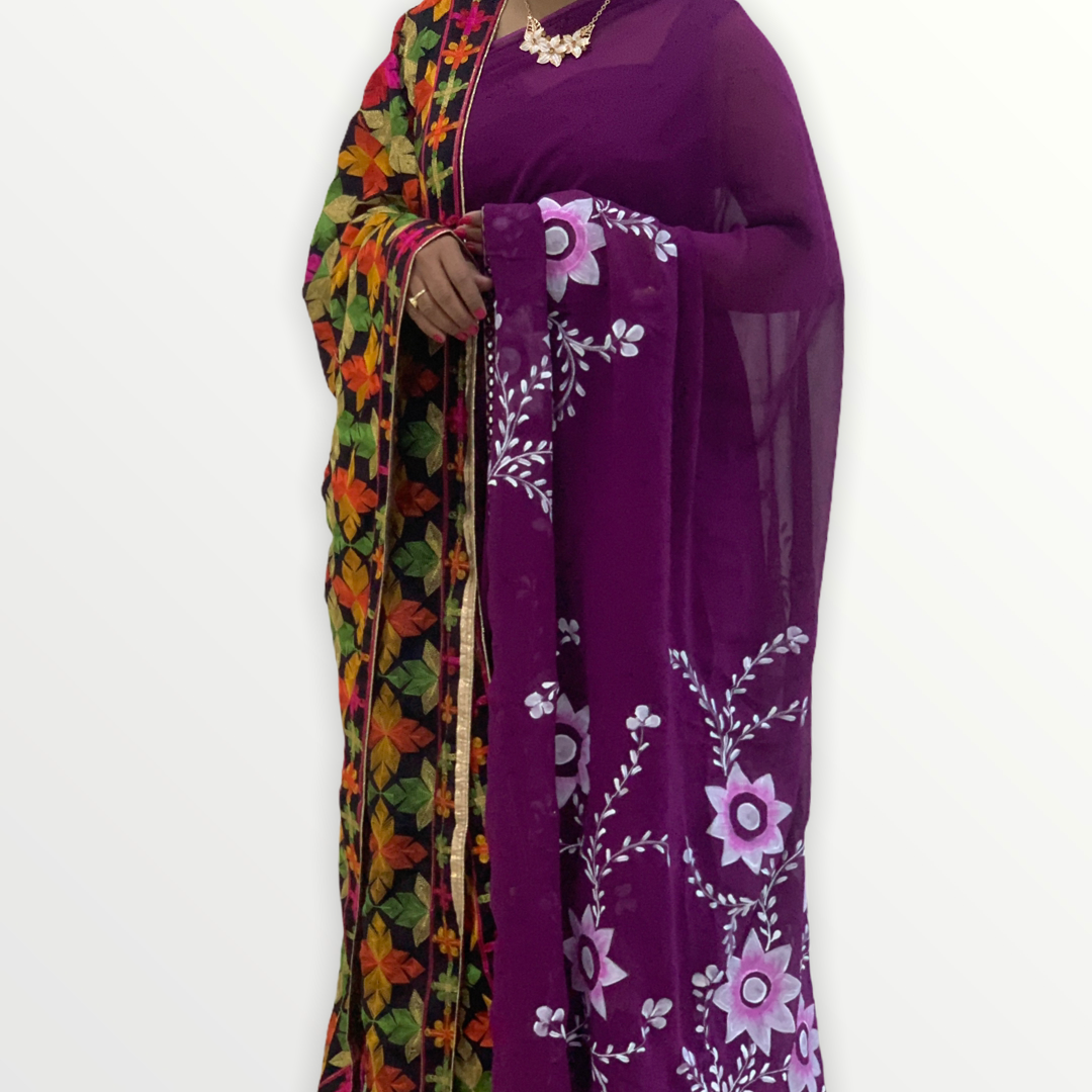 Georgette Hand-Painted Saree with Bold Flowers - Wine