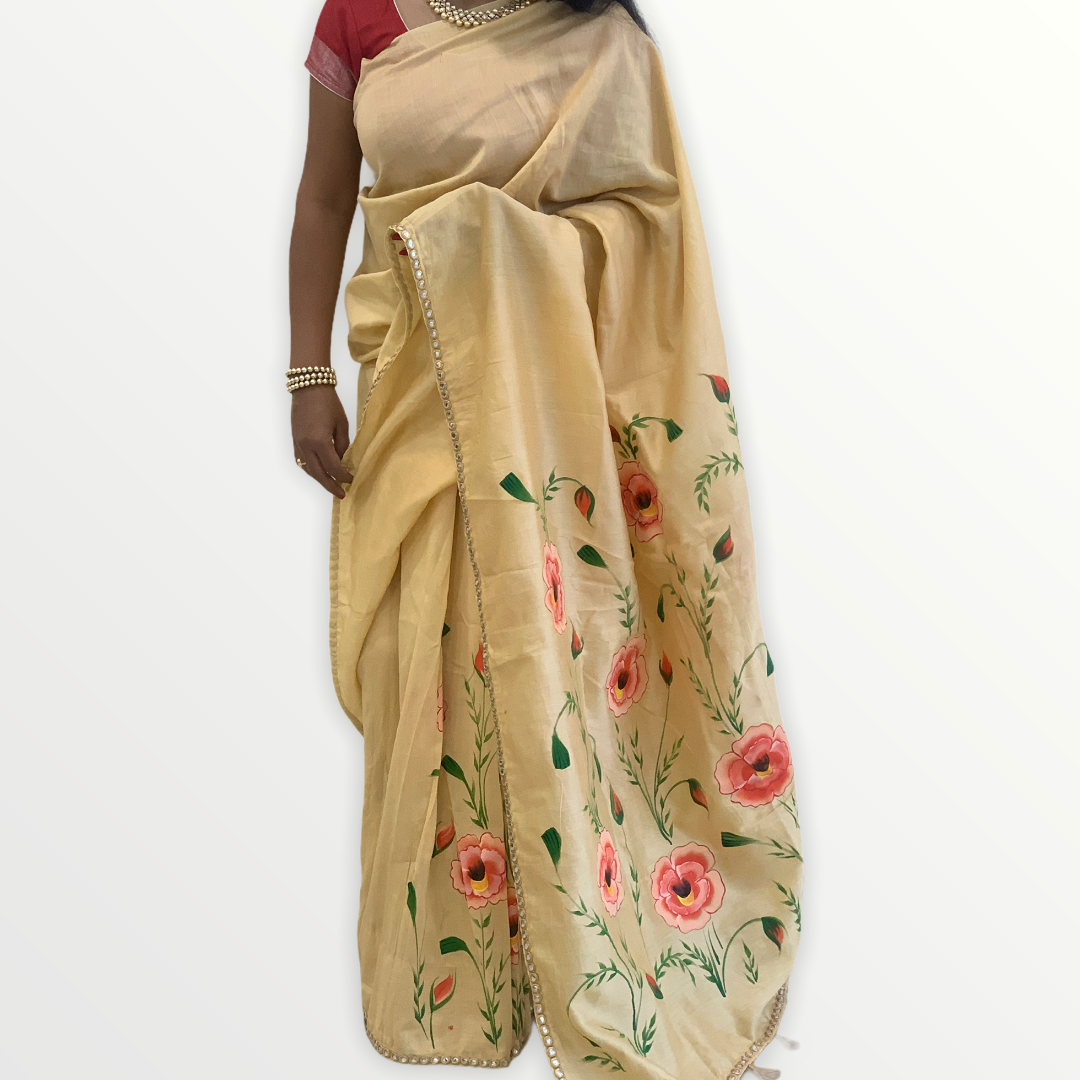 Chanderi Hand-Painted Saree with Flowers - Beige Gold